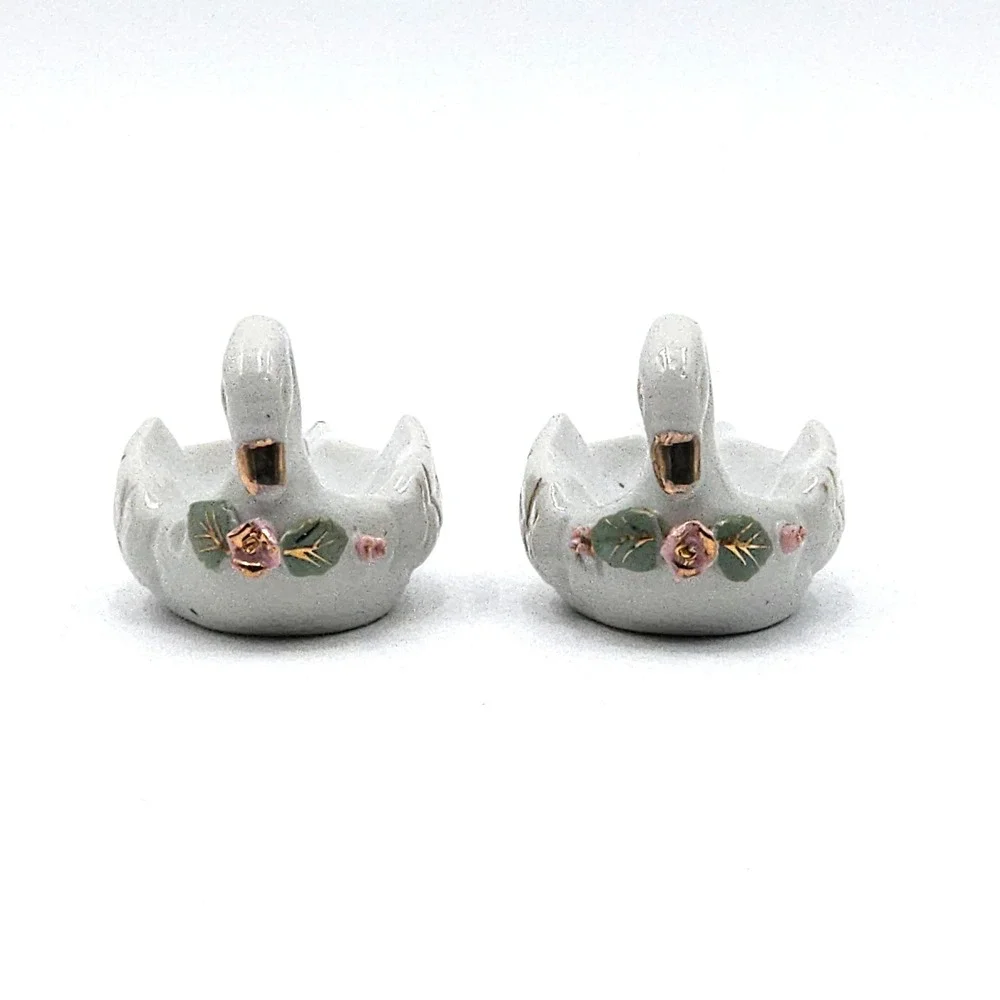White Porcelain Swan Trinket Dishes Pink Roses Gold Trim Vanity Decor Set of 2
